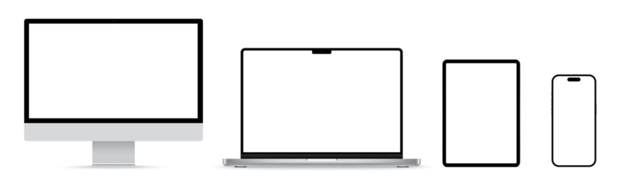 Computer, laptop, tablet, smartphone, phone set. Device screen set. Desktop. Realistic Smartphone, Laptop, Computer vector illustration