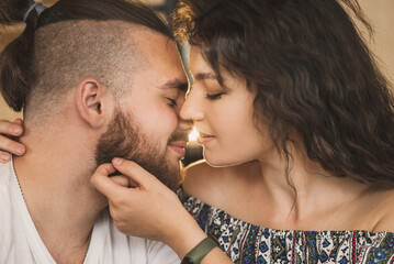 Romantic young valentine couple in love kissing in cafe. summer holidays, love, travel, tourism, relationship and dating concept. 
