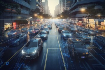 Fototapeta na wymiar Self-driving cars navigate city through AI, GPS, and 5G. surveillance system tracks cars via IoT network and satellites. Generative AI