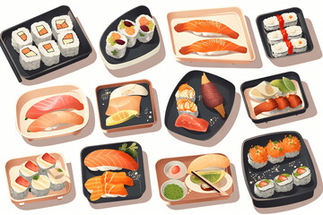 Sushi set. Collection of fast fool in asian style. Classic shushi and rice rolls. Generated AI.