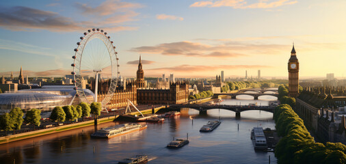 London eye, across the thames from parliament from a drone, Generative ai