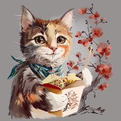 The funny cat who eats Chinese food with chopsticks - 620825974