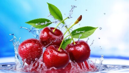 Fototapeta na wymiar Cherries in water splash on blue background. Generative AI