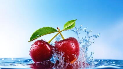 Cherries in water splash on blue background. Generative AI