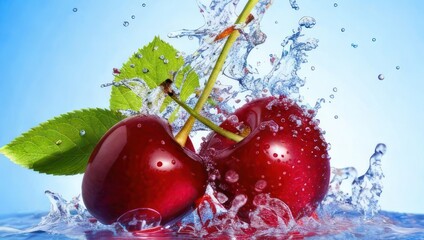 Fototapeta na wymiar Cherries in water splash on blue background. Generative AI