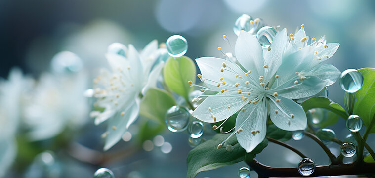 There are many green pointed tender leaves on the flower branches, many crystal clear flowers, and translucent petals curled around its wet flower center, Generative ai