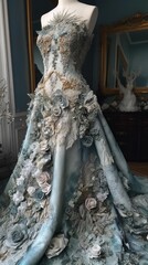 The wedding gown is made of silk, in the style of realistic fantasy artwork, dreamy realism, pastel gothic. Beautiful, uniquie wedding dress. Rich, luxury look. Beautiful flowers. Generative AI