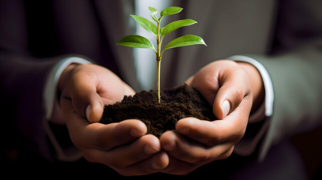 human hands close with scion rubber plant, business concept, Generative AI