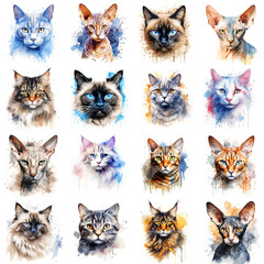 Set of cats of various breeds painted in watercolor on a white background in a realistic manner, colorful, rainbow.