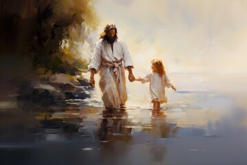 Jesus Christ with a little girl by the river. Illustration in painting style - obrazy, fototapety, plakaty