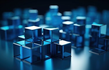 Multiple blue square cubes on a blue background. Abstract blue glass cubes or blocks background wallpaper, business data or info concept background,  illustration. Generative AI
