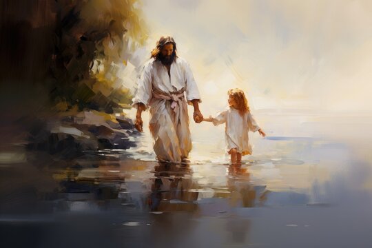 Jesus Christ with a little girl by the river. Illustration in painting style