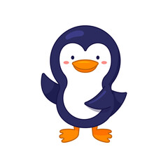 Cute Penguin character is waving his paw. Cartoon style. Vector illustration isolated on white. Flat design, doodle style