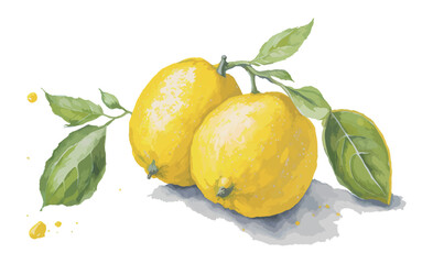 葉のついたレモンのイラスト 水彩画 Generative AI - obrazy, fototapety, plakaty