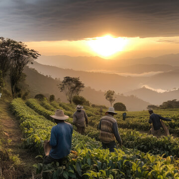 Generative AI image of male workers in hats standing near tea plantations in countryside and working on farmland in daylight with sun in cloudy sky