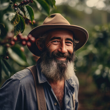 Generative AI image of portrait of smiling mature gray bearded male farmer in hat looking at camera while near green leaves tree in daylight