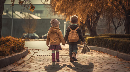 Children walking back home from school with backpacks. Generated AI.