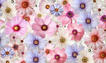  a bunch of flowers that are on a white surface with a pink and blue center.  generative ai