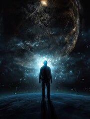 Silhouette of a man standing on a rocky mountain at night and looking at cosmos, Milky Way. Inspiring view of stars in the sky.