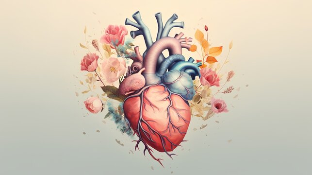 An artistic illustration of heart anatomy, beautifully integrated with floral elements, marries the wonders of the human body with the elegance of nature. Generative AI