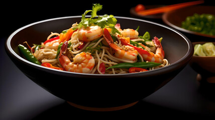 Stir fry noodles with vegetables and shrimps in black bowl AI generated