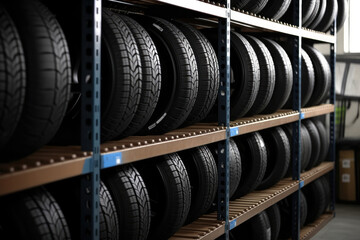 Obraz na płótnie Canvas Car tires on rack in auto store