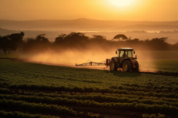 Generative AI image of heavy tractor spraying pesticides on agriculture field with green plantation rows during sunset