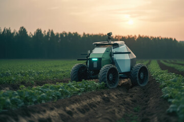 Generative AI image of unmanned robot herbicide sprayer working in agricultural field during evening against sunset sky and green trees in countryside