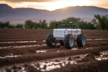 Generative AI image of unmanned sower machinery with tractor wheels stationed on wet agriculture land against blurred green trees during sunset time