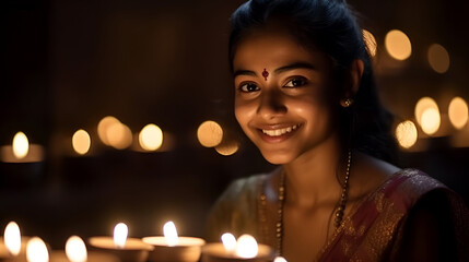 Obraz na płótnie Canvas Happy Diwali. Indian young woman in sari holding burning candles Diwali and looking at camera. traditional festival Diwali, night of lights in India. AI generated