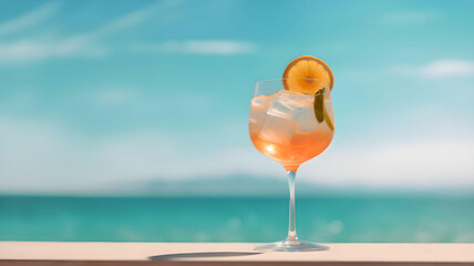 Fototapeta na wymiar A glass of orange juice on the ground on beach, Generative AI
