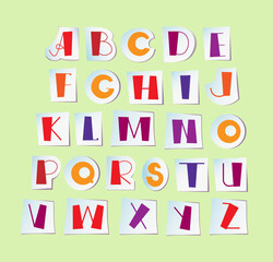 Letters of english alphabet 3d card on green background