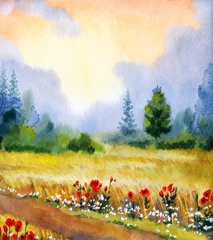Zelfklevend Fotobehang Watercolor landscape. Trees near the wheat field © Marina