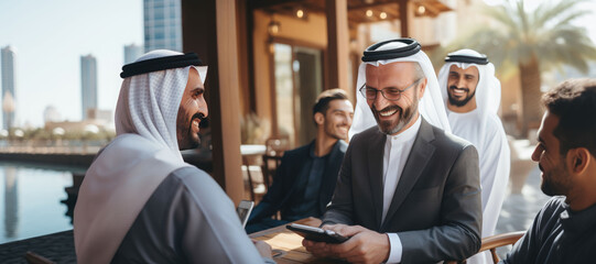 laughing businessman meeting in the cafe at Dubai UAE