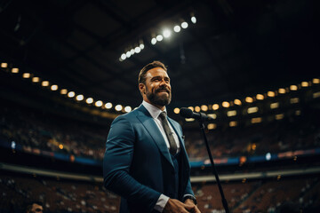 Young man handsome life coach wearing a suit and Mic standing on the stage
