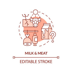 Editable milk and meat icon representing heatflation concept, isolated vector, thin line illustration of global warming impact.