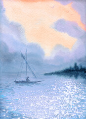 The sky over the sea. Watercolor landscape