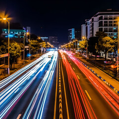Fototapeta na wymiar Blurred car light motion effect, city road background with long exposure night lights with dynamic flashlight red and blue colors on black. Car motion trails