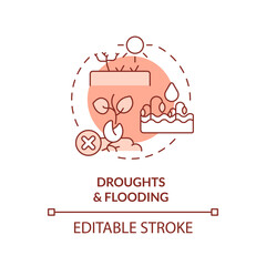 Editable droughts and flooding icon representing heatflation concept, isolated vector, thin line illustration of global warming impact.