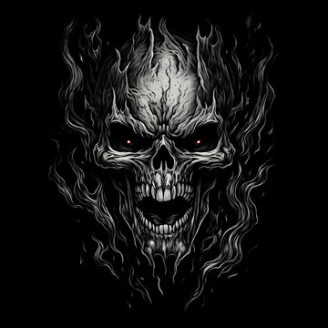 Angry skull fire tshirt tattoo design dark art illustration isolated on black