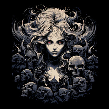 girl and skulls tshirt tattoo design dark art illustration isolated on black