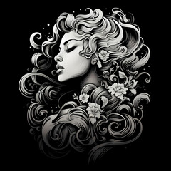 beautiful girl tattoo design dark art illustration isolated on black