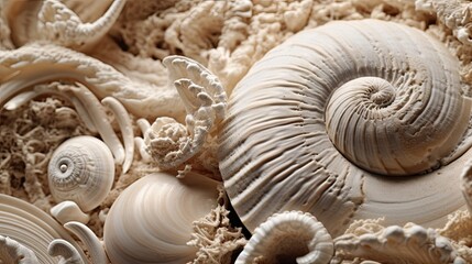 close-up view of seashells texture with intricate spirals and delicate textures