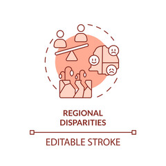 Editable regional disparities icon representing heatflation concept, isolated vector, thin line illustration of global warming impact.