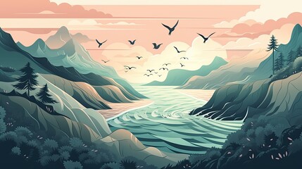 Fototapeta na wymiar Illustration of a beautiful landscape with a river, mountains, birds. Pastel colors background.
