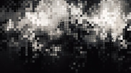 black and white pixel pattern background with geometric shapes seamlessly integrated into the composition