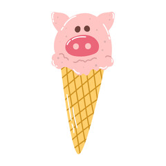 Isolated cartoon colorful ice cream in a waffle cone with pink ball in shape piggy in flat vector style on white background. Summer food.