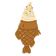 Isolated cartoon colorful dessert taiyaki in shape waffle fish with vanilla ice cream in flat vector style on white background. Summer food.