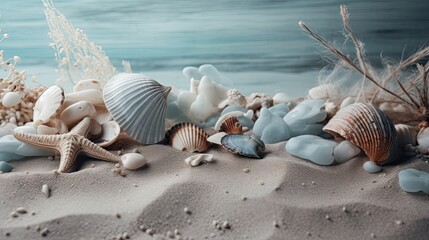 Beautiful beach elements background with sand, stones, shells and marine algae