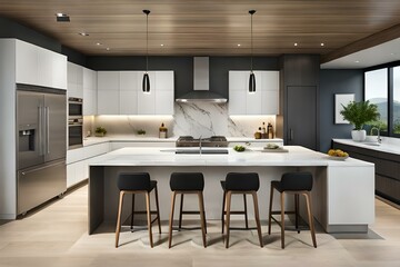 Front view of a modern designer kitchen with smooth handleless cabinets with black edges, black glass appliances, a marble island and marble countertops